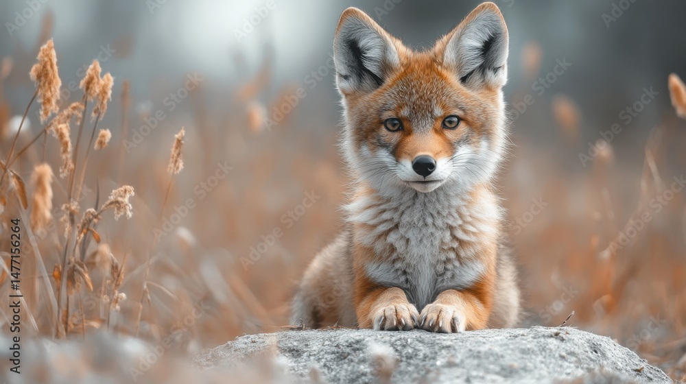 Fototapeta premium Lindo retrato de coyote bebé con fondo azul claro para la educación sobre la vida silvestre y la conservación animal.