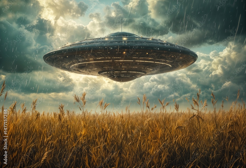 a highly detailed, metallic ufo hovers over a golden field of tall grass under a stormy, dramatic sky with falling rain. a highly detailed, metallic ufo hovers over a golden field of tall grass under a stormy, dramatic sky with falling rain.