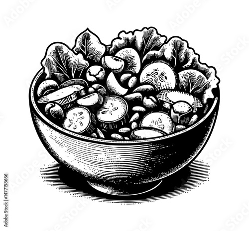 Engraved illustration of fresh salad bowl with various vegetables, healthy eating