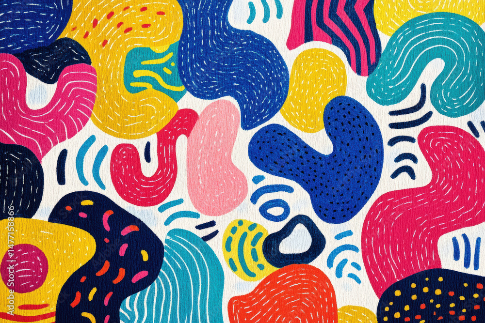 Naklejka premium Colorful Abstract Shape Art Background. Abstract art featuring colorful shapes on a textured off-white background. The vibrant artwork is fun and visually appealing.