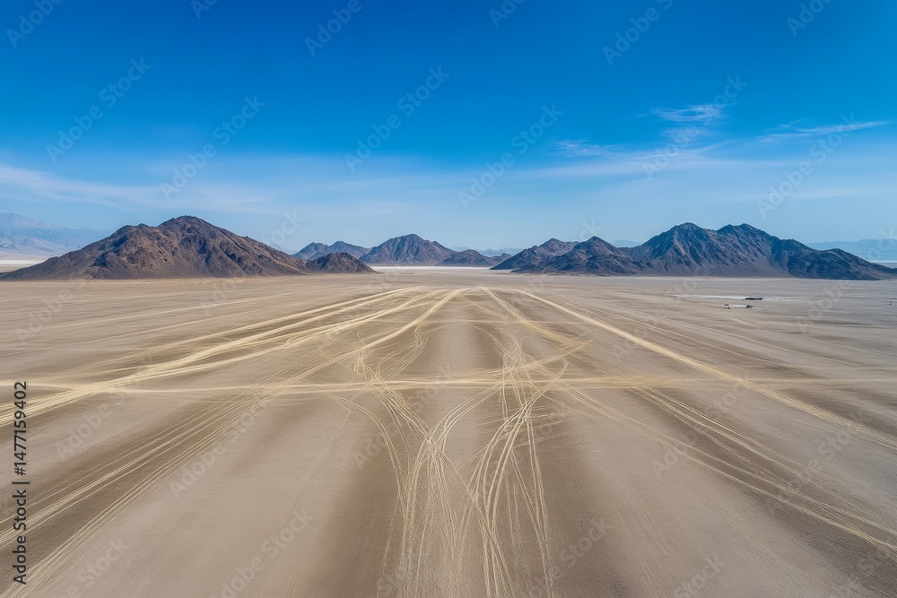 Desert Landscape with Tire Tracks and Distant Mountains Desert Landscape with Tire Tracks and Distant Mountains