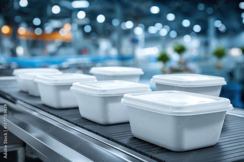 Fototapeta premium Plastic containers moving along a conveyor belt, industrial production line processing food packaging with modern machinery, food manufacturing process, factory automation.
