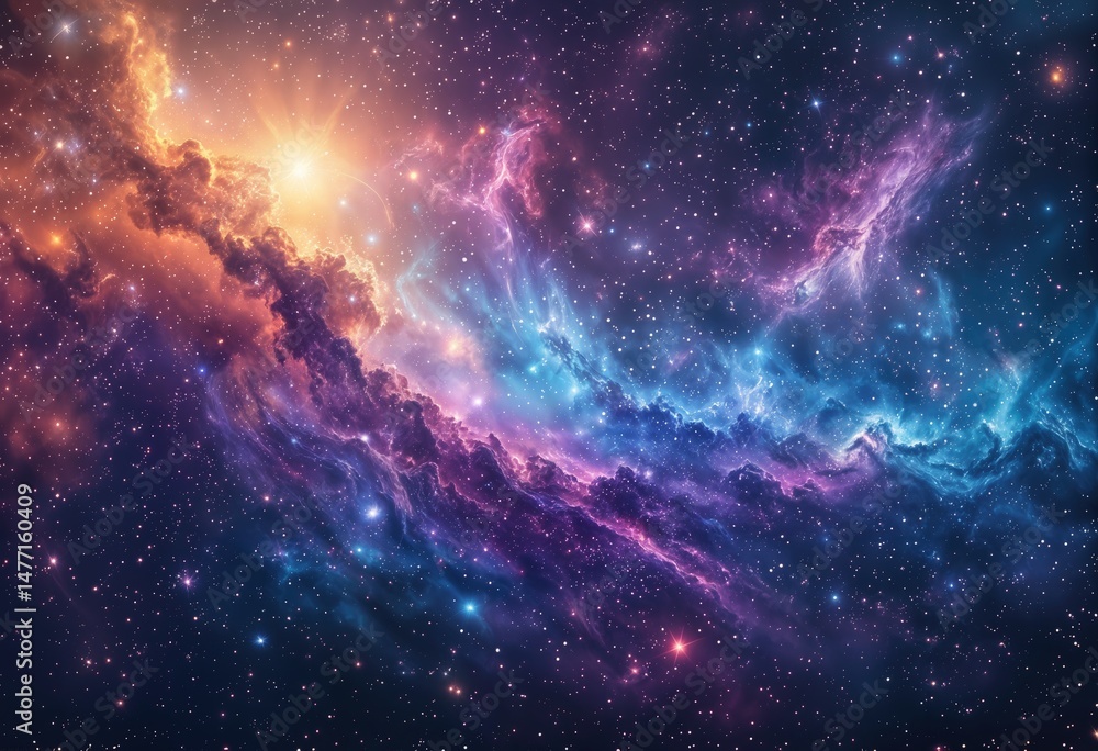 Obraz premium a vibrant and swirling cosmic nebula displays a breathtaking array of colors including fiery orange, deep blues, and radiant purples against a backdrop of countless distant stars.
