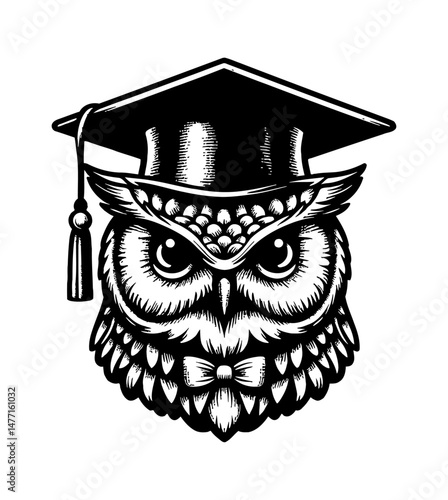 Owl Graduate Wearing Graduation Cap and Bowtie in Black and White Detailed Illustration