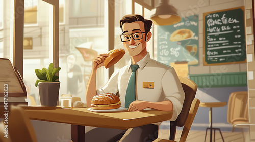 Cartoon cashier enjoying lunch and soft playlist 
