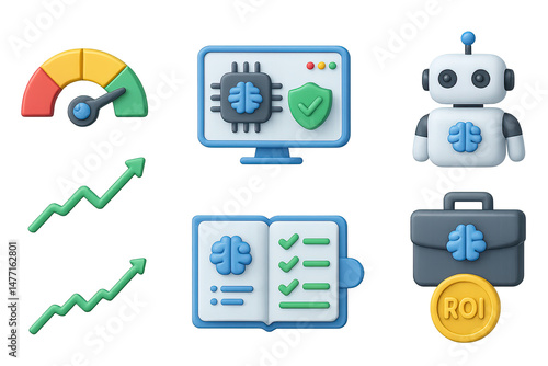 Artificial intelligence 3d icons set – tech, digital, smart solutions symbols