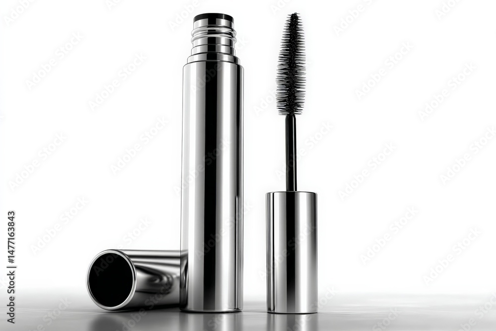 Fototapeta premium Sleek metallic mascara tube with applicator displaying elegant design on reflective surface
