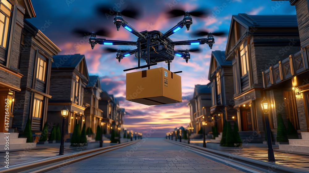 Fototapeta premium Futuristic Drone Delivery in Suburban Neighborhood: Revolutionizing Package Transportation and E-commerce Logistics