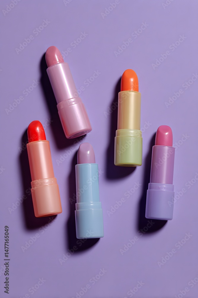 Obraz premium Collection of vibrant lipsticks in pink, orange, red, lavender, and purple shades, displayed on a purple background for beauty inspiration