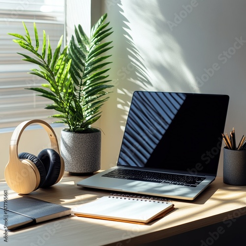 Laptop and Plant on Desk Near Headphones in Bright Sunny Home Office Environment