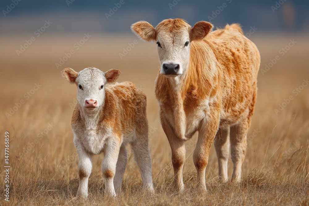 Obraz premium Cow and Calf Standing in Meadow Grassland, Rural Scene, Agriculture, Livestock, Beef Cattle, Mammals, Farm Animals
