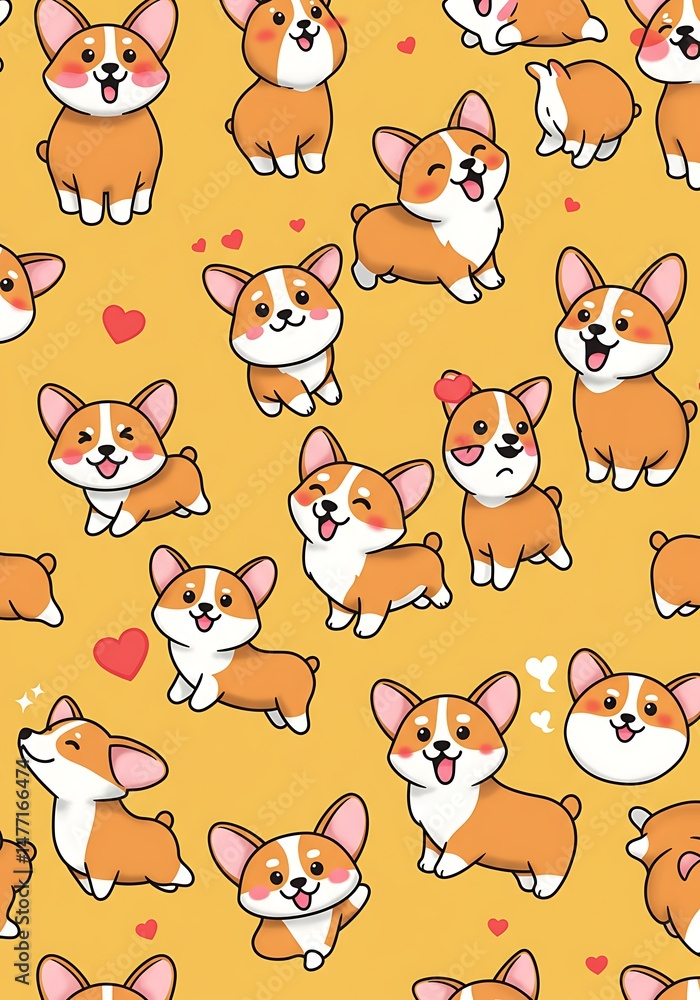 Fototapeta premium Cute Cartoon Dogs Seamless Pattern, Yellow Background