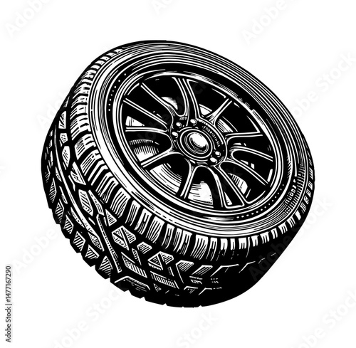 Detailed Black and White Engraving of Car Tire with Intricate Tread and Rim Design on White