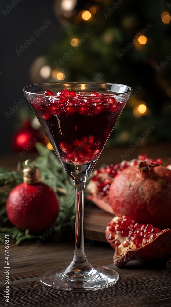 Festive Pomegranate Cocktail in Martini Glass with Christmas Decor. A close up image of a vibrant pomegranate drink, perfect for holiday celebrations. Festive Pomegranate Cocktail in Martini Glass with Christmas Decor. A close up image of a vibrant pomegranate drink, perfect for holiday celebrations.