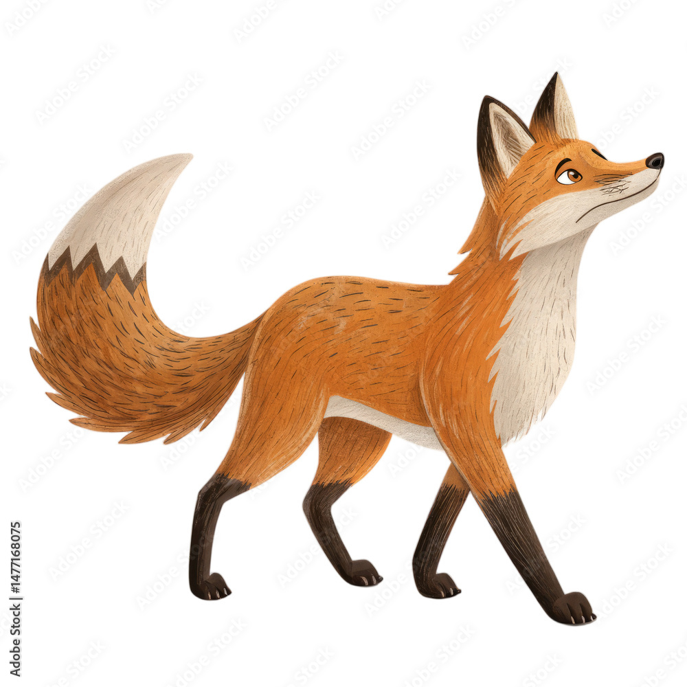 Obraz premium drawn fox (full body) walking and looking up, transparent background