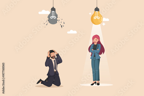 From Broken Idea to Bright Solution Illustration Showing a Frustrated Man Under a Shattered Light Bulb and a Confident Woman Under a Glowing One.