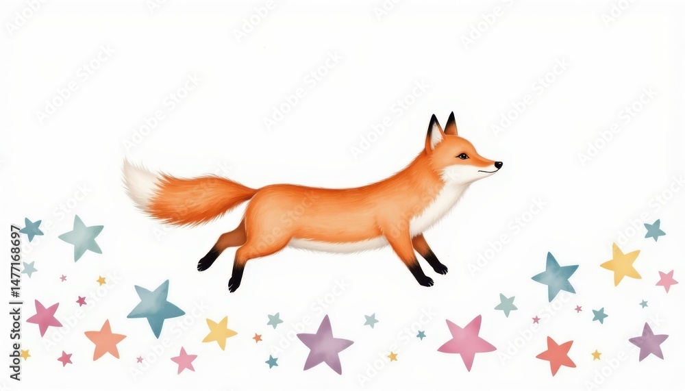 Fototapeta premium Whimsical fox and starry night, a magical wildlife art illustration on white background