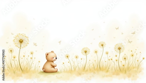 Adorable teddy bear relaxes in a field of dandelions on sunny day