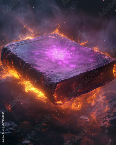 A floating spellbook with glowing pages and purple mist around, magical energy