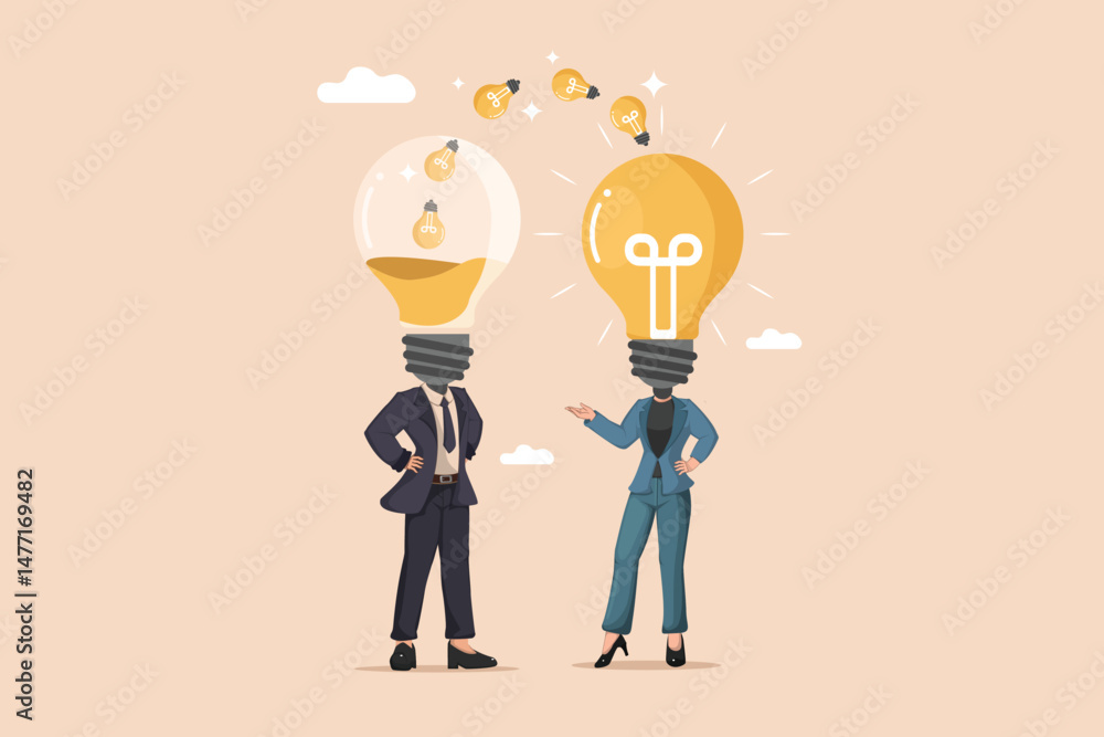 Obraz premium Exchanging and Generating Business Ideas Illustration of Two Business Professionals with Light Bulbs as Heads, One Receiving Ideas and the Other Presenting a Big Idea.
