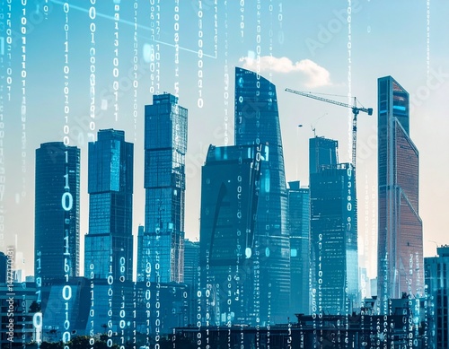 Cities and construction crane industry being visualized as part of data digitalization of business intelligence upon construction business