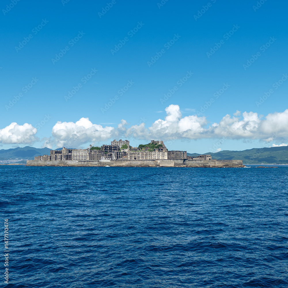 Fototapeta premium Nagasaki, Japan - 07.21.2024: Battleship, Gunkan, Hashima Island