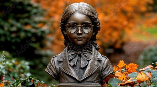 Bronze bust of a young girl wearing glasses, autumn leaves background.