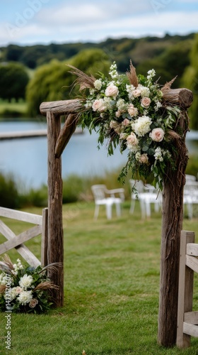 Romantic wedding arch with floral arrangement for an outdoor ceremony on green grass near lake and trees in the background nature scenery