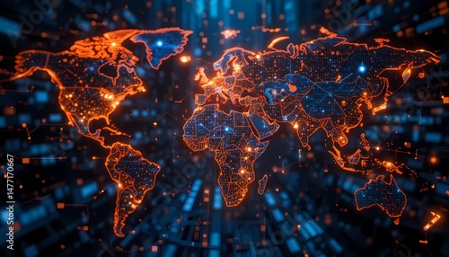 Futuristic digital world map with glowing data points, connected lines, and UI elements. Represents big data, AI, and tech infrastructure. Orange-blue tones, dark background.