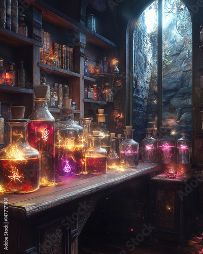 An alchemist's desk with bubbling potions, gold ink symbols, mystical atmosphere