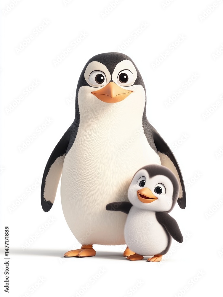 Fototapeta premium 3D cartoon penguin family stands together in a cheerful pose on white background