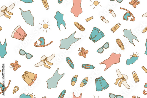 Colorful stylish summer seamless pattern of beach items and accessories in doodle style. Hand drawn beach holiday items. Vector illustration on white background