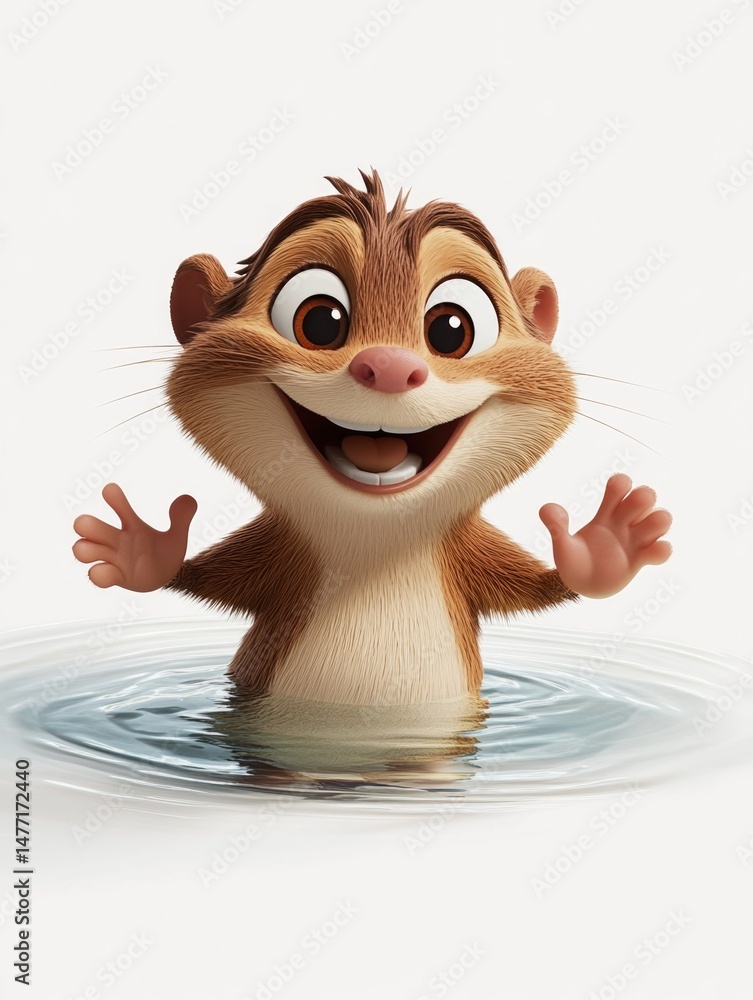 Fototapeta premium 3D cartoon happy cartoon animal character smiling and waving in water on white background