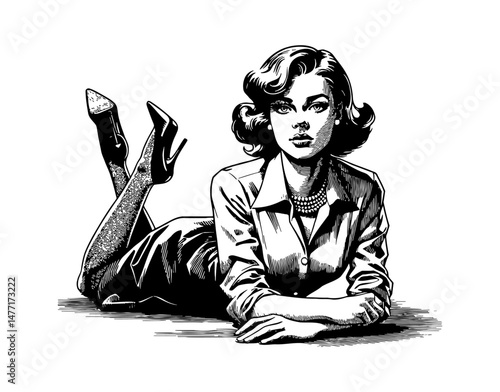 Attractive Woman Lying Down Relaxing in Formal Dress Vintage Detailed Black and White Line Art