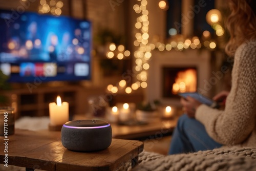 Wallpaper Mural Smart speaker on wooden table in a cozy living room, fireplace and illuminated Christmas lights, woman using tablet Torontodigital.ca