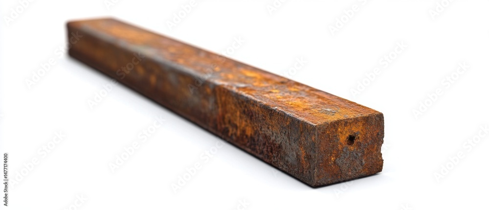 Fototapeta premium Close Up of a Rusted Metal Bar on White Background Eye Level Shot Showing Texture and Corrosion Industrial Detail