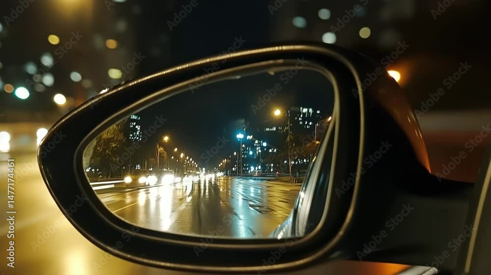Rearview mirror reflecting city lights at night while driving on a wet road Rearview mirror reflecting city lights at night while driving on a wet road