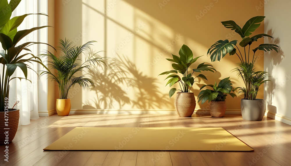 Fototapeta premium Bright Room with Green Plants and Yellow Mat Featuring Natural Light and Soft Shadows Against Cream Wall Interior Decoration And Design
