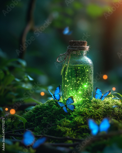 A mystical potion bottle glowing emerald green, resting on mossy rocks in an enchanted forest, surrounded by glowing blue butterflies