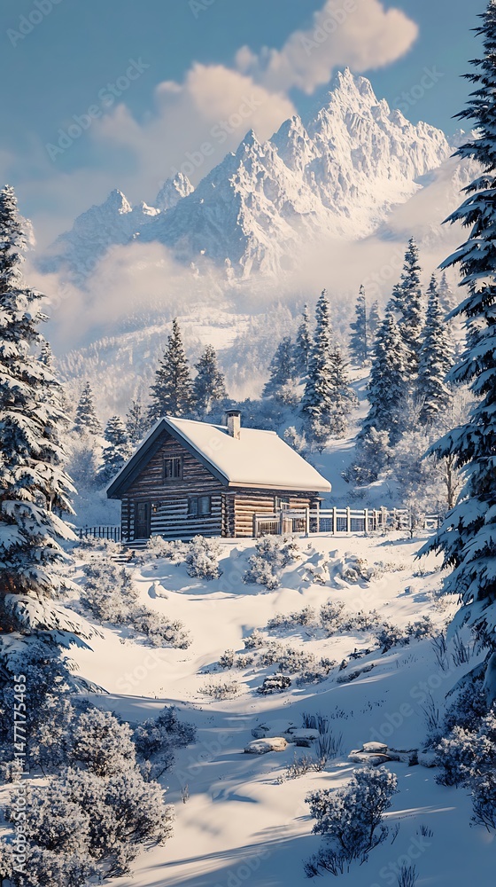 Fototapeta premium Winter cabin scene snow covered mountains and evergreen trees