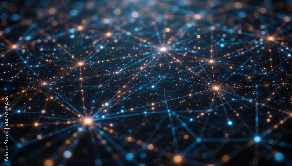 Fototapeta premium Complex network visualization, interconnected dots and lines on a dark background