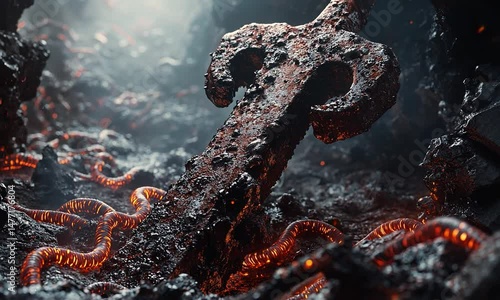 A weathered sword embedded in molten lava, surrounded by glowing serpentine creatures in a dark setting