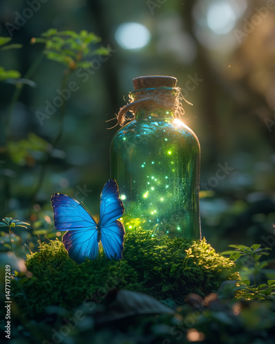 A mystical potion bottle glowing emerald green, resting on mossy rocks in an enchanted forest, surrounded by glowing blue butterflies