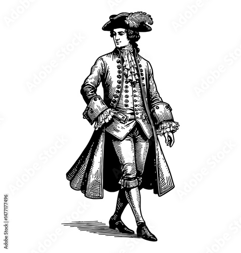 A Dapper Gentleman in Detailed Engraving Strides Confidently with Regal Attire and Feathered Hat