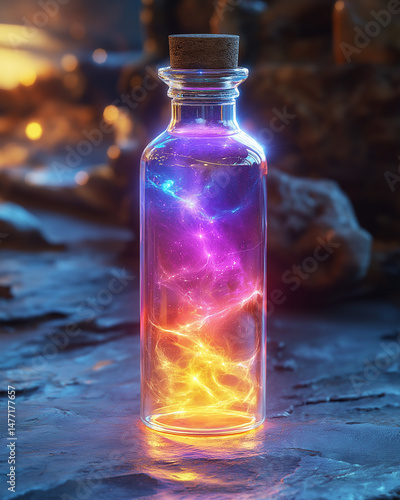A magical elixir glowing inside a glass vial on a marble table, close-up, elegant fantasy