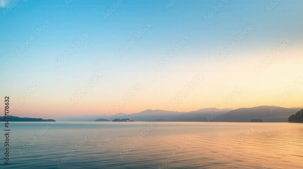 Fototapeta premium Tranquil Sunset Over Serene Lake with Distant Hills in Background