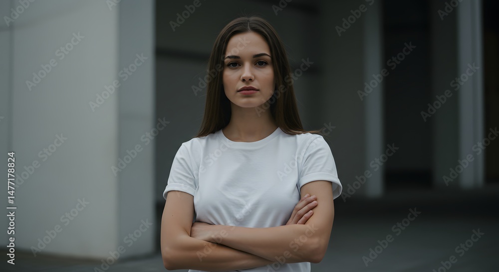 Confident Woman Standing with Arms Crossed Wearing White T-shirt Outdoors Confident Woman Standing with Arms Crossed Wearing White T-shirt Outdoors