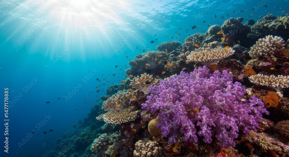 Naklejka premium Vibrant Coral Reef: Sunlit Underwater Paradise