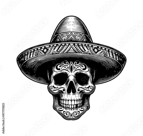 Engraved Skull Wearing Sombrero with Intricate Details and Shading in Black and White