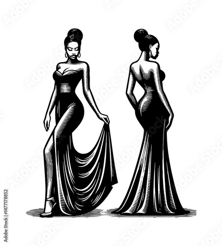 Elegant African American Woman in Long Dress Posing in Engraved Style